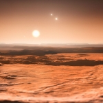 Vue d'artiste du système de Gliese 667 vu depuis la surface d'une des super-Terres récemment découvertes