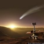 Vue d'artiste de ce pourrait voir le rover Opportunity lors du prochain passage de la comète Siding Spring dans les parages de Mars