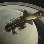 Vue d'artiste de la sonde Cassini surplombant le pôle Nord de Saturne.