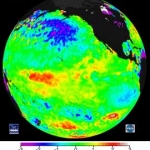 Carte de température des eaux de surface prise en février 2003. On y voit clairement apparaître les eaux plus froides émergeant depuis les côtes de l’Amérique du Sud. Un signe précurseur de la Niña ? Bill Patzert le pense.