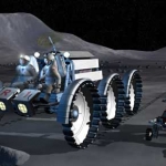 Vue d'artiste de deux astronautes partant pour une mission de prospection à bord d'une jeep lunaire et accompagnés d'un acolyte robotisé