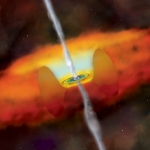 Vue d'artiste d'un trou noir supermassif engloutissant la matière environnante