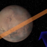 Vue d'artiste indiquant l'angle sous lequel l'astéroïde 2007 WD5 devrait se présenter à Mars le 30 janvier 2008 (flèche bleue) ainsi que la bande de terrain martien (en saumon) où l'impact pourrait se produire. La probabilité d'un tel évènement est aujourd'hui d'une chance sur 75 soit à peine supérieure à 1%. Cliquez sur le lien du crédit pour avoir accès à une animation