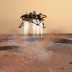 Vue d'artiste de la sonde Phoenix un instant avant son atterrissage sur la plaine arctique martienne. Les rétrofusées contrôlent la vitesse de l'engin spatial durant les dernières secondes de la descente.
