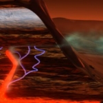 Représentation artistique d’un processus géologique qui pourrait expliquer la présence de méthane dans l’atmosphère martienne sans activité biologique : Sous l’action de la chaleur résiduelle du noyau martien, de l’eau souterraine pourrait se combiner avec du dioxyde de carbone pour produire du méthane.