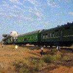 L'arrivée en train d'une des deux fusées SOYOUZ
qui ont lancé les sondes Cluster. Cosmodrôme
de Baïkonour dans le Kazakstan.