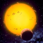 Vue d'artiste représentant une exoplanète transitant partiellement devant son étoile
