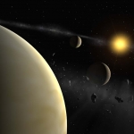 Vue d'artiste des trois composantes aujourd'hui connues du système solaire formé autour de l'étoile HD 69830