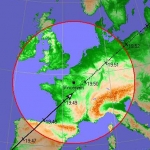 Trace au sol du passage d'USA 193 au-dessus de la France le mardi 19 février 2008. Le cercle rouge délimite la zone dans laquelle le satellite est visible à plus de 10° au-dessus de l'horizon depuis la région parisienne. Le satellite devrait se lever au sud-ouest vers 19h47. Soyez prêt quelques minutes auparavant.