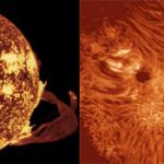 Ce montage présente deux protubérances, l’une en forme d’arche vue au bord du Soleil (à gauche) et l’autre (à droite) vue de dessus, sous l’aspect d’un long filament blanc. Ces deux photos ont été prises dans la raie H-alpha. La protubérance de gauche est la plus grande jamais observée. Apparue le 19 décembre 1973, elle mesurait 588 000 km de long (soit 1,5 fois la distance Terre-Lune).