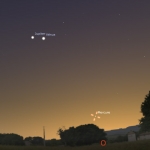 Jupiter et Vénus dans le ciel de ce dimanche soir, à l'ouest. Mercure est également présente, beaucoup plus bas, mais pour très peu de temps