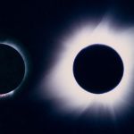 Sur cette photo de l’éclipse de Soleil du 11 juillet 1991, la basse (à gauche) et la haute couronne (à droite) sont visibles. Dans la basse couronne, on remarque deux protubérances rouges.