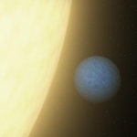 Vue d'artiste de 55 Cancri e, quasiment collée à son étoile. Il en résulte une rotation synchrone avec sa période de révolution, et des températures infernales sur sa face constamment illuminée.