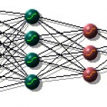 Un exemple élémentaire de réseau neuronal. Les données primaires entrent à gauche, passent au travers de deux filtres de calcul, il en résulte à droite un résultat spécifique. Une telle architecture s’avère capable de produire une logique étonnamment sophistiquée, particulièrement lorsque des boucles de rétroaction lui sont ajoutées.