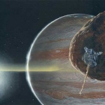 Vue d’artiste représentant Galileo croisant dans les parages d’Amalthée et s’apprêtant à traverser les minces anneaux de Jupiter.