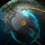 Vue d’artiste du satellite IMAGE détectant une faille dans le champ magnétique terrestre