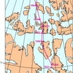 Le trajet suivi par le pôle nord magnétique entre 1831 et 2001