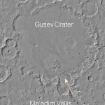 Vue du cratère Gusev depuis l’orbite de la sonde Mars Global Surveyor. La flèche indique le sens d’un possible écoulement d’eau vers le cratère.