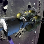 Vue d’artiste du futur attelage spatial qui ramènera les hommes sur la Lune avant 2020. On y voit le véhicule d’exploration, panneaux solaires déployés, arrimé à l’atterrisseur lunaire à bord duquel les astronautes prendront place pour se poser sur la Lune.