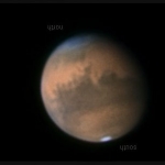 Mars vue à travers un télescope de 25 cm de diamètre le 18 septembre 2005. Le nord est en haut