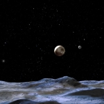 Vue d’artiste du système formé par Pluton et ses lunes depuis la surface d’une des nouvelles candidates