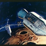 Vue d’artiste d’un largage de sous-satellite à partir d’un module de commande d’Apollo