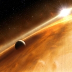 Vue d'artiste de l'étoile Fomalhaut observée depuis les parages de sa planète récemment découverte, Fomalhaut b.  Fomalhaut b boucle une orbite autour de son étoile vieille de quelque 200 millions d'années en 872 ans