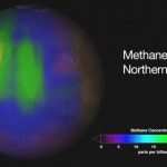 Carte de concentration en méthane dans l’atmosphère martienne durant l’été boréal. Les concentrations peuvent parfois être très importantes au-dessus de certaines régions