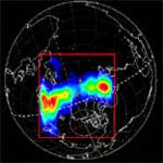 Zoom sur une petite partie de l'ionosphère au-dessus de l'Atlantique Nord. La concentration électronique décroit du rouge au bleu foncé.