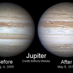 Sur ces images de Jupiter prises par l'astrophotographe australien Anthony Wesley, on voit la SEB en août 2009 mais plus en 2010