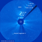 Fin du passage d'ISON dans le champ du coronographe LASCO C3 de la sonde solaire SOHO.