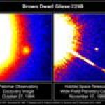 Au coté d’une brillante étoile, la première naine brune jamais observée, Gliese 229 b. À gauche vue depuis la Terre, à droite vue par le télescope spatial Hubble.