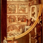 Tycho Brahe, à coté de son célèbre quadrant mural, dispensant ses enseignements au  chateau-observatoire d'Uraniborg.