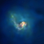 L'amas de galaxies du Centaure vu par Chandra. L'image a été retouchée informatiquement pour nous permettre de saisir les différentes gammes de température en présence. Attention, contrairement à ce qui se passe sur le robinet de votre lavabo, le rouge indique le froid, et le bleu le chaud...