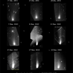 Sur ce montage, on constate clairement le changement d'aspect de la comète LINEAR WM1 du 1er décembre 2001 au 22 janvier 2002. C'est le 27 janvier qu'elle nous fit la surprise d'augmenter brutalement d'intensité. Elle est actuellement visible à l'&#339;il nu. Mais pour combien de temps encore ?