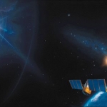 Vue d'artiste d'un sursaut gamma accompagné d'une émission tardive en optique, tel qu'il fut observé par le satellite Beppo-Sax