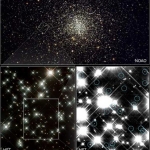Ce montage présente trois photos de l’amas globulaire M 4. Sur celle du haut, l’amas est visible dans sa totalité. Sur les deux images du bas dues à Hubble. La photo en bas à droite est un agrandissement de celle de gauche. On y voit de petits cercles bleus qui entourent les naines blanches. C’est à partir de la mesure de la température de ces étoiles que les astronomes ont pu fixer l’âge de l’Univers entre 13 et 14 milliards d’années. La pose a nécessité 8 jours de pose cumulée !