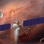 Vesta, la sonde Dawn et Cérès sur fond de nébuleuse protosolaire. Préciser grâce à l’étude de ces gros astéroïdes les conditions qui régnaient au moment de la formation du système solaire,tel est en effet un des objectifs de cette mission