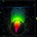 Effet Cherenkov produit par le passage d’un muon de haute énergie dans l’eau du détecteur Super-Kamiokande