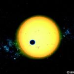 L'exoplanète HD 209 458 b en transit devant son soleil. Grâce à cette mini-éclipse, les astronomes ont pu analyser la composition de l'atmosphère de cette exoplanète.