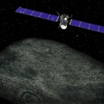 Vue d'artiste de la sonde Rosetta survolant l'astéroïde Lutetia