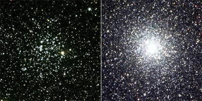 Voici deux amas d\'étoiles. A gauche, l\'amas ouvert M 52 est nettement moins dense que l\'amas globulaire M 22 à droite. Leur nature est très différente. 