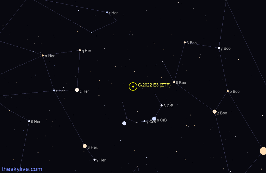 Position de la comète C/2022 E3 (ZTF) au 4 janvier 2023. Mais ça change un peu tous les jours. Cliquez sur l\'image pour obtenir une version actualisée