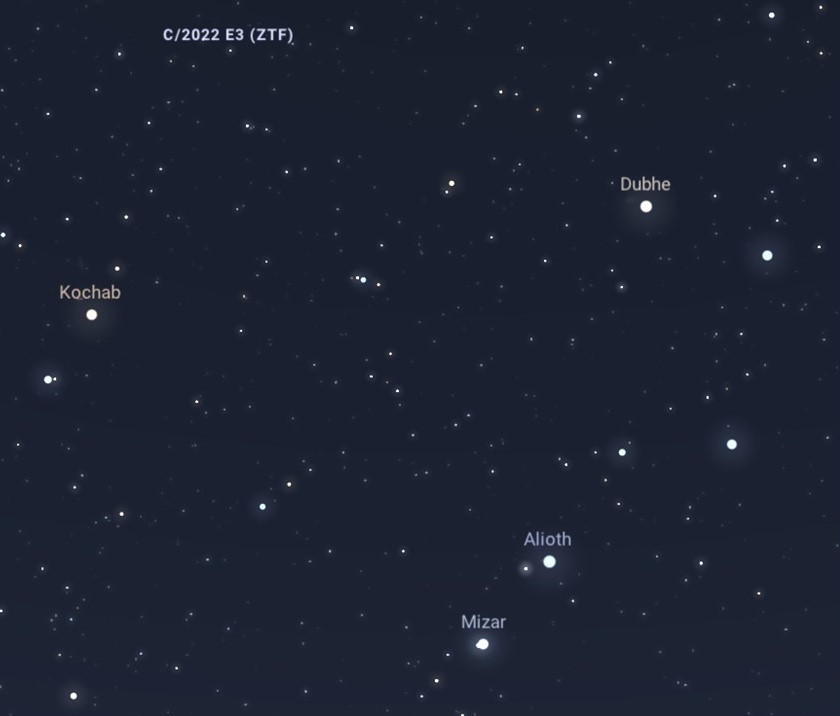 Schéma permettant de repérer la comète C/2022 E3 ZTF dans le prolongement des gardes de la Grande Ourse dans la nuit du 29 au 30 janvier 2023
