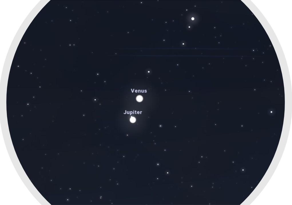 Vénus et Jupiter vues le 2 mars 2023 au soir.