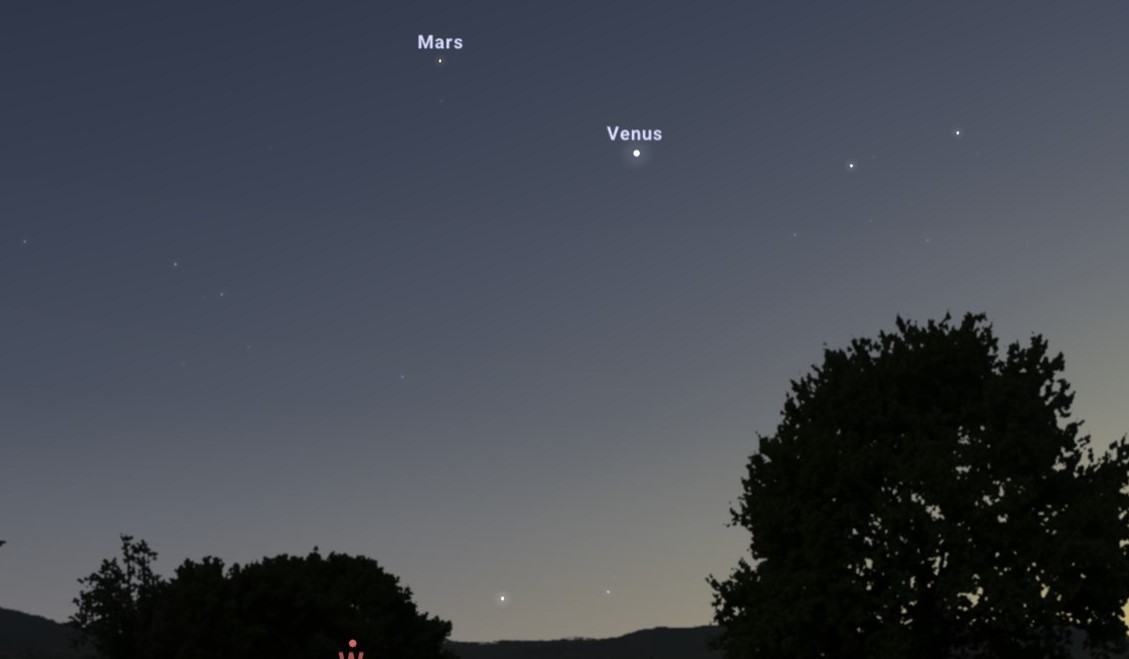 Aspect du ciel en région parisienne le 6 juin 2023, avec Vénus et Mars au-dessus de l\'horizon ouest.