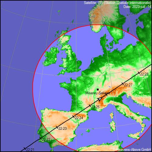 trajectoire du survol de la Station spatiale internationale au soir du 14 juillet 2023