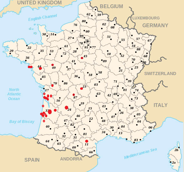 localisation des témoins connus du bolide français, au 25/07/2013 à 18h00 heure de Paris