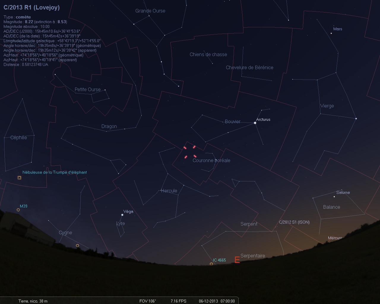 Position de la comète Lovejoy pour le 6 décembre 2013 à 6h00 TU (7h00 heure légale en Europe continentale)