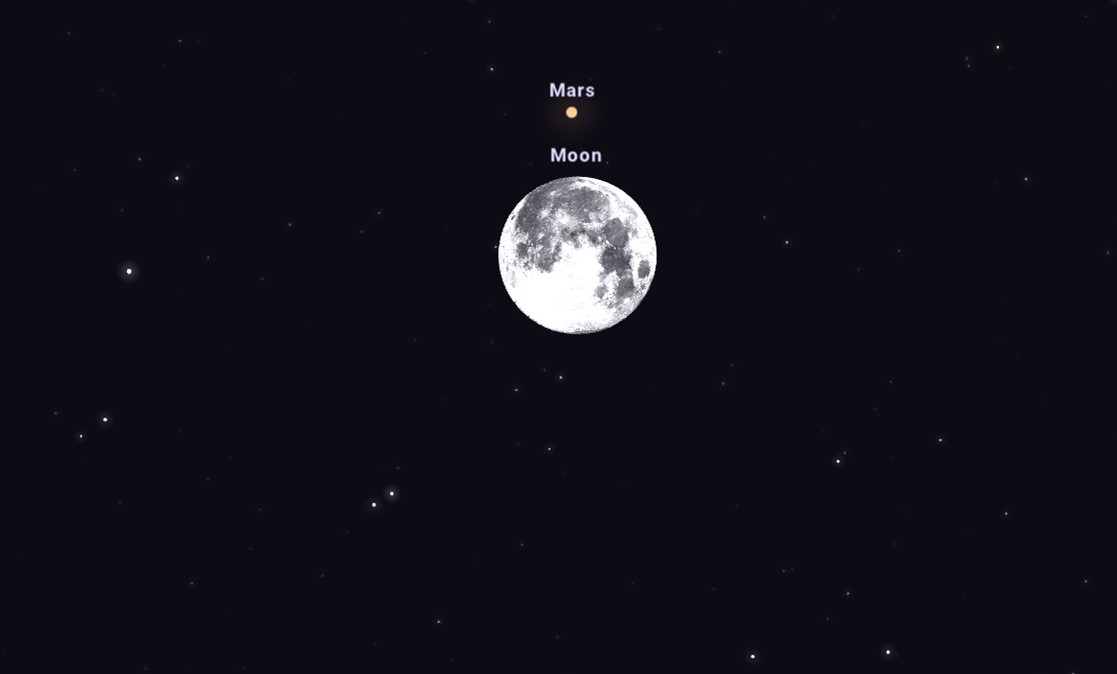Mars juste au-dessus du pôle nord lunaire à 5h du matin